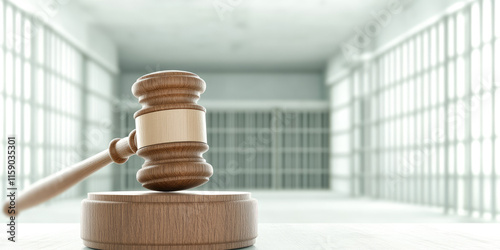 Concept of verdict of prosecution for life sentence. Judge wooden gavel hits the round block. Empty prison cell in background. Justice, judgment, punishment, guilt. 
