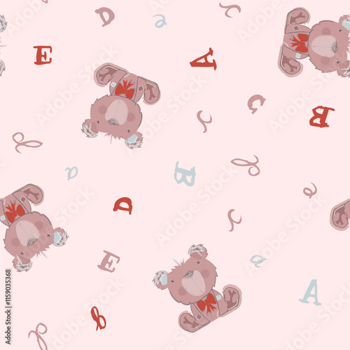 Teddy bears seamless pattern pink background with alphabet. Design for decoration and textiles. photo