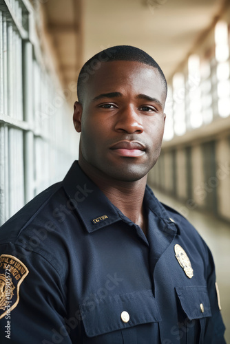 Correctional officer guard in a prison corridor, law enforcement and security in prison or correctional facility 