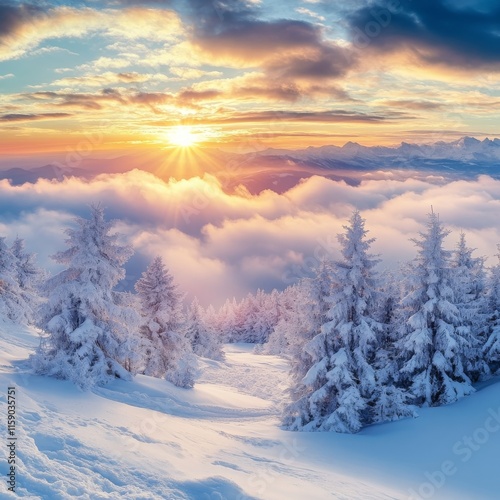 Panorama of the winter sunrise in the mountains