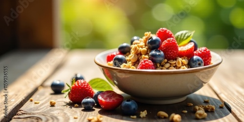 A delightful bowl of crunchy granola, plump blueberries, and sweet raspberries, bathed in sunlight on a rustic wooden table.  A healthy and vibrant breakfast scene.