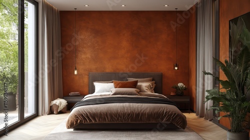 Wallpaper Mural An elegant bedroom featuring cinnamon slate walls and earthy brown textures, creating a tranquil and luxurious ambiance with natural light. Torontodigital.ca