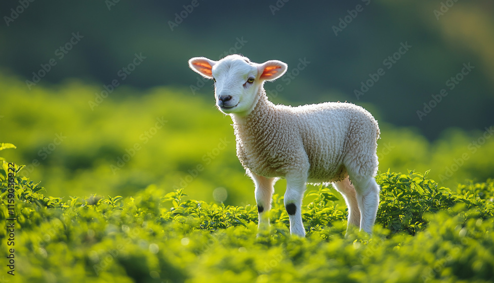 White lamb standing in a vibrant green field, blurred edges White lamb standing in a vibrant green field, blurred edges