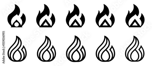 Fire Flame Icon Set Collection on white background.