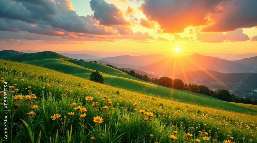 Serene Sunset Over Rolling Hills and a Meadow of Wildflowers, a Breathtaking Vista of Natural Beauty and Tranquility Serene Sunset Over Rolling Hills and a Meadow of Wildflowers, a Breathtaking Vista of Natural Beauty and Tranquility