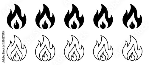 Fire Flame Icon Set Collection on white background.