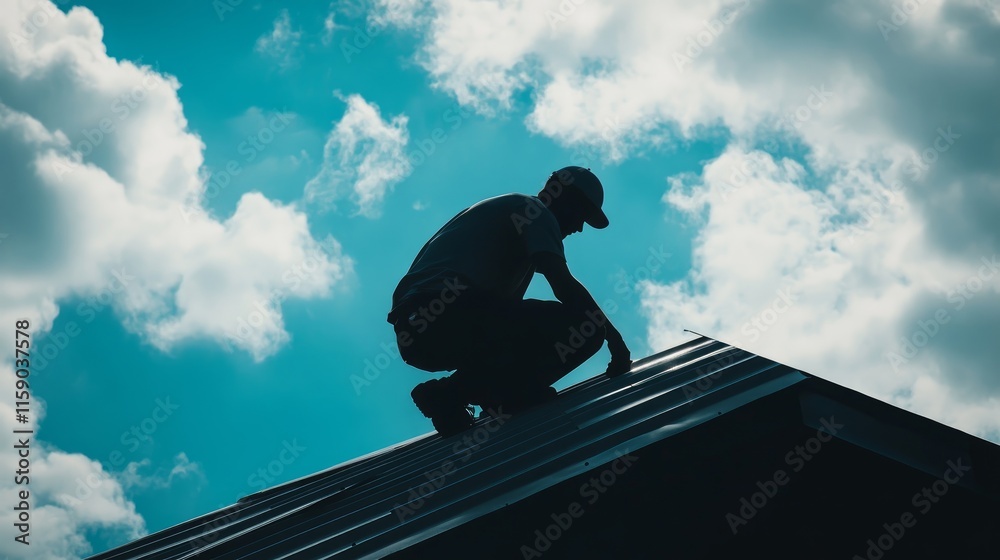 Silhouette of a man working on a metall roof against a background of sky and clouds Silhouette of a man working on a metall roof against a background of sky and clouds