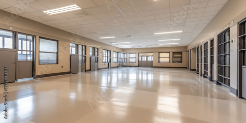 Rows of prison cells, empty modern prison interior