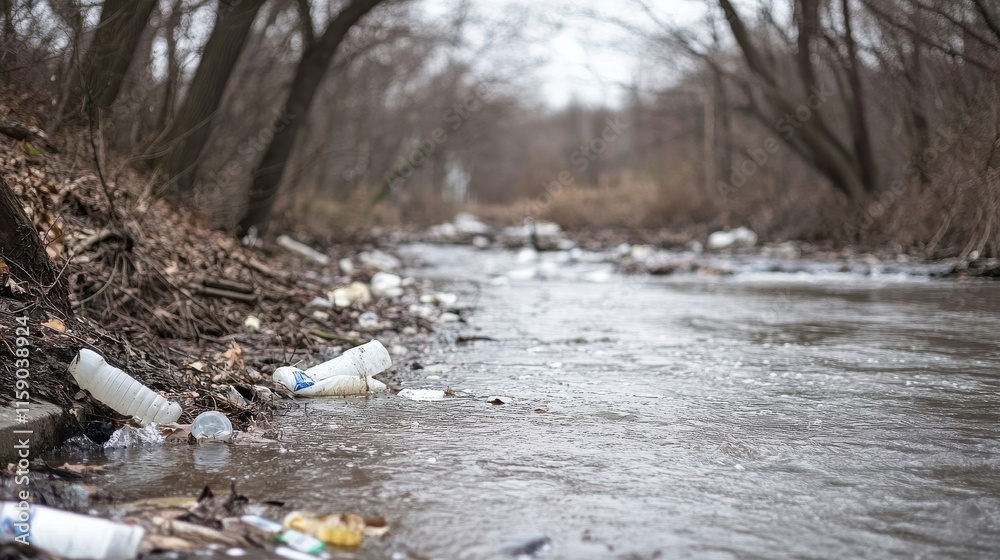 Fototapeta premium Polluted River in Nature with Trees and Soft Light