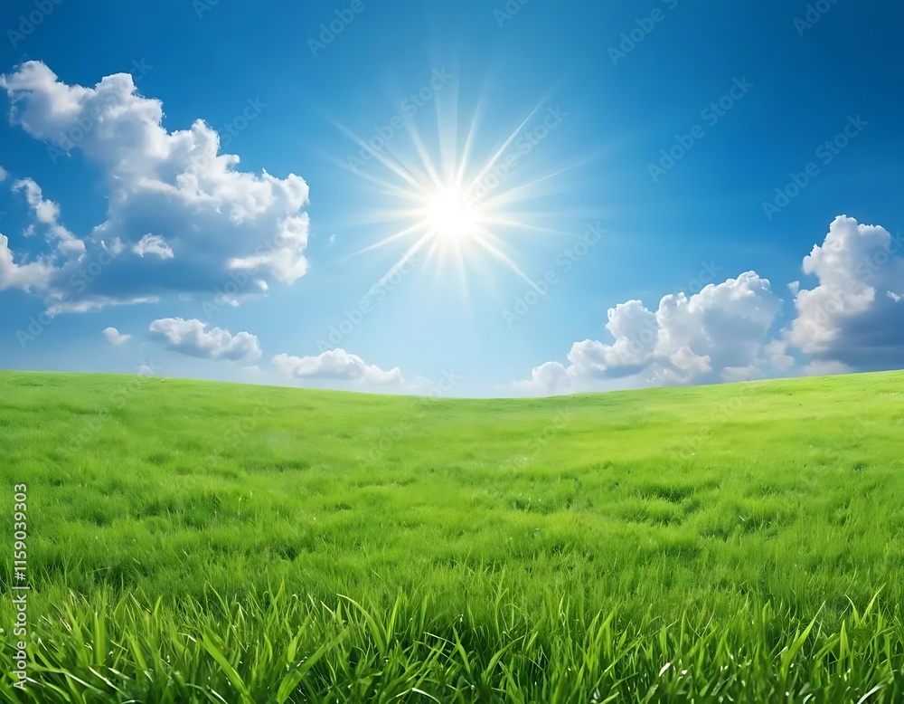 Sunny Day Over Lush Green Grassland Field Sunny Day Over Lush Green Grassland Field