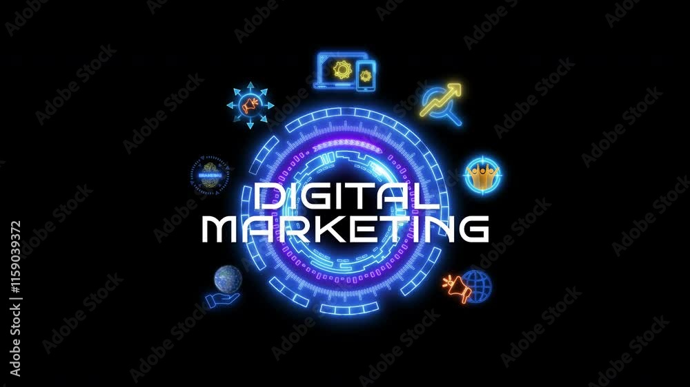 Glowing neon line banner of digital marketing concept with icons of branding, advertising, SEO, social media, devices, internet and target isolated on transparent background.