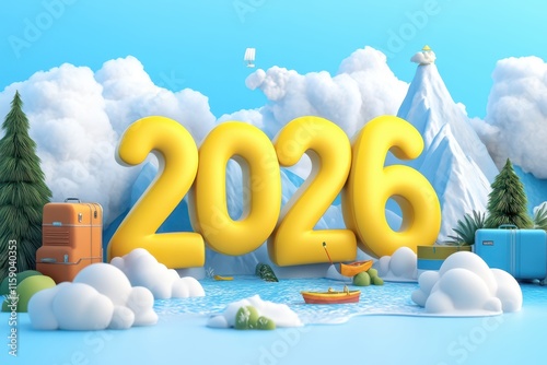 Wallpaper Mural 3D rendering of the numbers "2026" in yellow, with an illustration-style and cartoonish design featuring travel suitcases, clouds, mountains, rivers, trees, a sky-blue background, and a flat front vie Torontodigital.ca