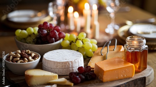 Beautifully Arranged Charcuterie Board with Brie, Cheddar, Nuts, and Grapes   photo