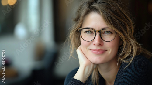 Closeup portrait of a smiling young woman with blonde hair wearing glasses. Shes casually dressed and has her hand gently resting on her chin. The background is softly blurred.