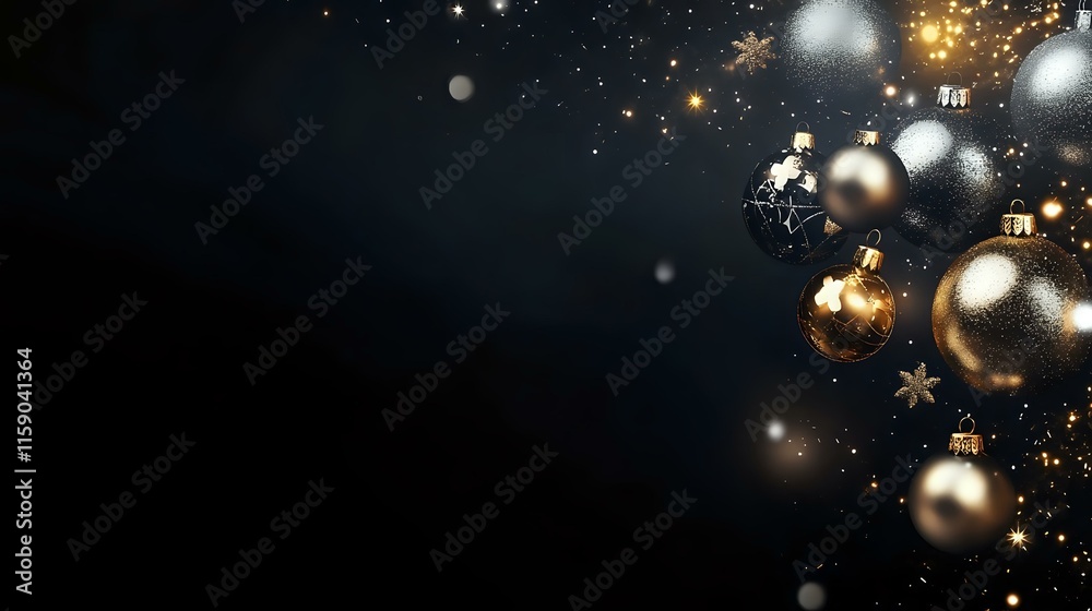 Shiny Christmas and New Year banner with reflective silver and gold baubles on a sleek jet-black background illuminated by soft light Shiny Christmas and New Year banner with reflective silver and gold baubles on a sleek jet-black background illuminated by soft light
