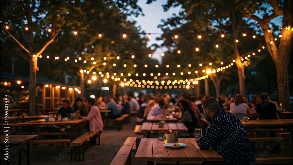 Outdoor restaurant at dusk with string lights, wooden tables, and social ambiance. Outdoor restaurant at dusk with string lights, wooden tables, and social ambiance.