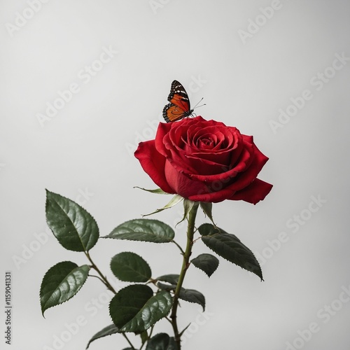 A beautiful red rose with a butterfly resting on its petals on a white background.