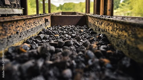 Coal lying on train tracks near an abandoned railway surrounded by greenery in a rural setting