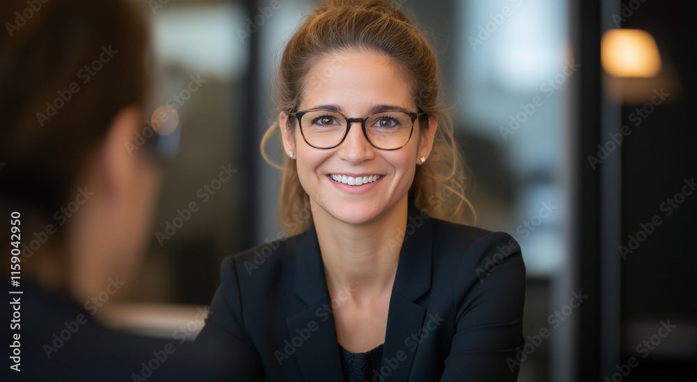 A smiling businesswoman in glasses sits in an office setting, looking directly at the viewer. Shes wearing a black blazer. The background is blurred, showing an office environment. A smiling businesswoman in glasses sits in an office setting, looking directly at the viewer. Shes wearing a black blazer. The background is blurred, showing an office environment.