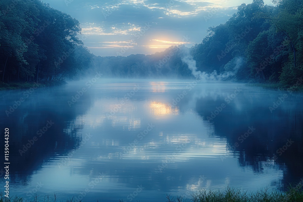 A serene lakeside scene at dusk as smoke drifts A serene lakeside scene at dusk as smoke drifts
