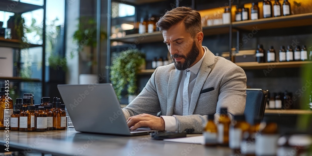 Professional Man Working on Laptop in Modern Office Space Professional Man Working on Laptop in Modern Office Space