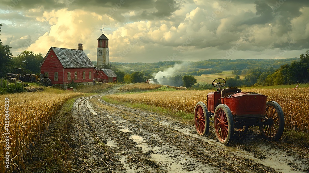 Fototapeta premium Rustic Farm Scene With Antique Tractor And Barn
