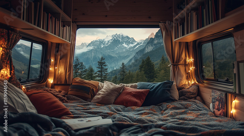 A loft bed in a camper van, surrounded by books, fairy lights, and a stunning mountain view through the window photo