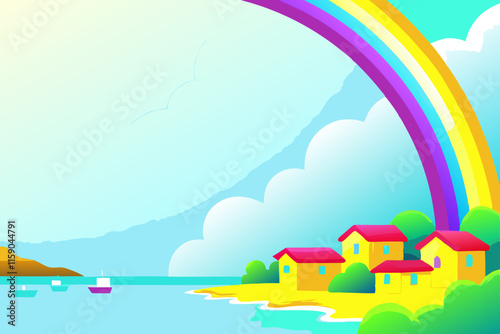 Stock photo of A rainbow painting the sky over an idyllic coastal, a captivating view designed for vibrant and professional use in visual projects.