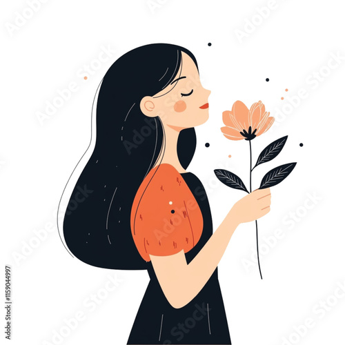 a woman with long hair and a flower in her hand