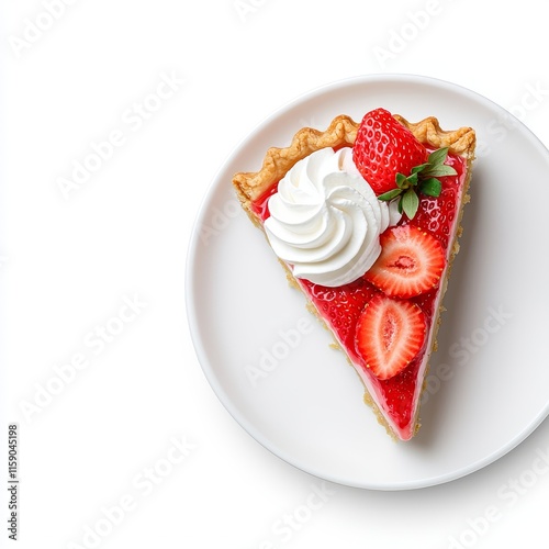 A tasty piece of strawberry pie set against a white backdrop.