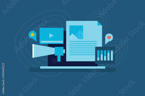 Content Marketing Strategy, Video content marketing analytics, Branded content for digital advertising. Vector illustration concept.