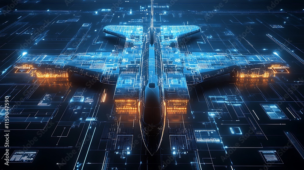 Fototapeta premium Futuristic Digital Aircraft Design Hovers Above Circuitry