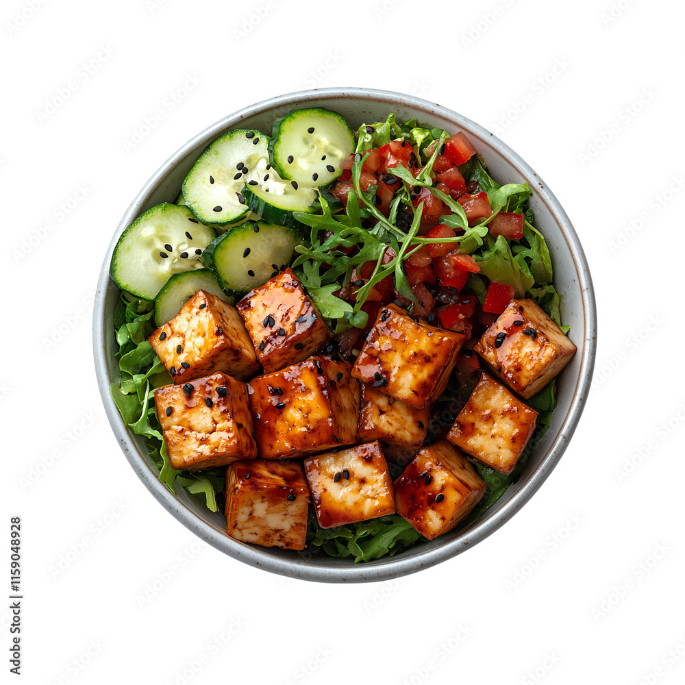 Fototapeta premium Teriyaki tofu bowl with cucumber, tomato, and salad png isolated on transparent background