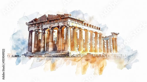 Watercolor Acropolis of Athens Vector Illustration Flat Style