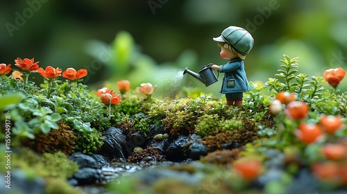 Miniature Boy Watering Flowers In A Tiny Garden photo