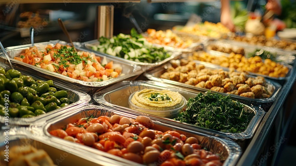 Mediterranean Feast - Close Up of Table filled with Hummus, Pita, Olives, Falafel, and Fresh Veggies for Healthy Eating Concept Mediterranean Feast - Close Up of Table filled with Hummus, Pita, Olives, Falafel, and Fresh Veggies for Healthy Eating Concept