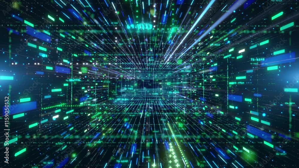 A digital tunnel with numbers and grids.