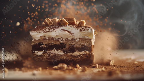 An exquisite tiramisu featuring rich layers of mascarpone cream and espresso-drenched ladyfingers, finished with a light sprinkle of cocoa powder