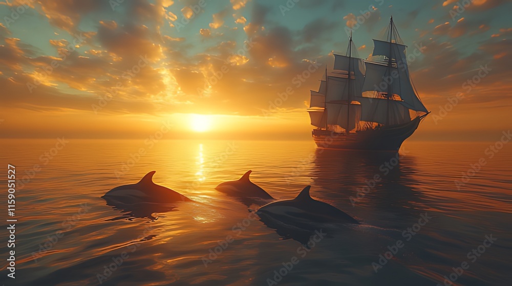 Fototapeta premium Majestic sailing ship at sunset with dolphins swimming in the ocean.