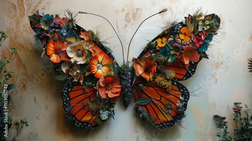 A butterfly wall hanging craft with recycled material wings and a eco-friendly, natural theme