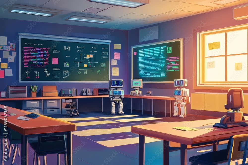 Robots in a brightly lit technology classroom Robots in a brightly lit technology classroom