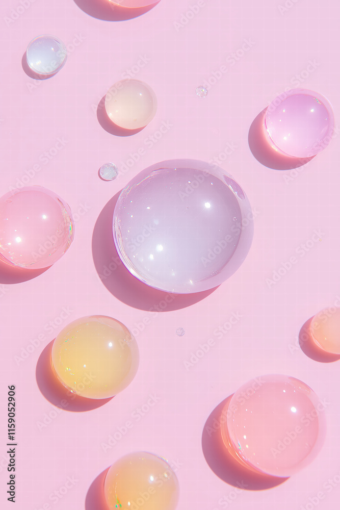 Pink background with transparent and colored spheres Pink background with transparent and colored spheres
