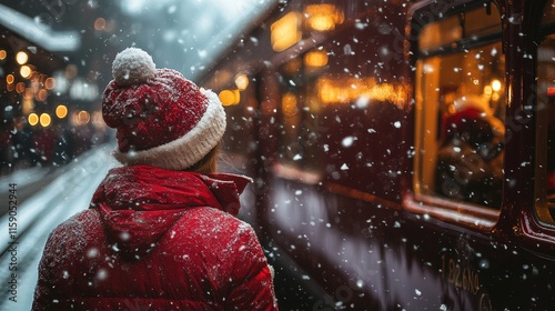 woman in red coat and hat waiting for a train in snow