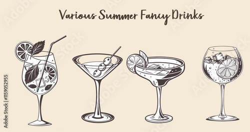 various summer fancy drinks, Daiquiri, Martini, Gin Tonic, Mojito 