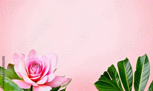 Wallpaper Mural Pink and Green Floral Background:  A delicate pink rose and lush green leaves create a vibrant and elegant backdrop. Torontodigital.ca