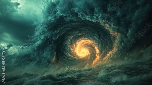 A swirling vortex of dark clouds and glowing light, creating a dramatic and ominous atmosphere over turbulent waters. photo