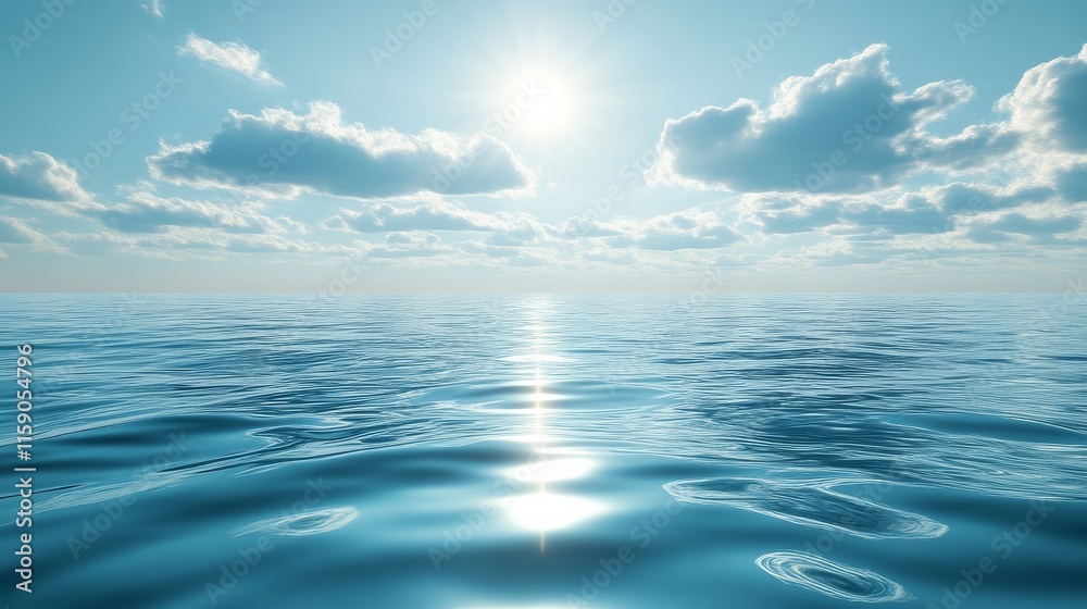 A serene ocean landscape under a bright sun, with gentle waves and fluffy clouds reflecting on the water's surface. A serene ocean landscape under a bright sun, with gentle waves and fluffy clouds reflecting on the water's surface.