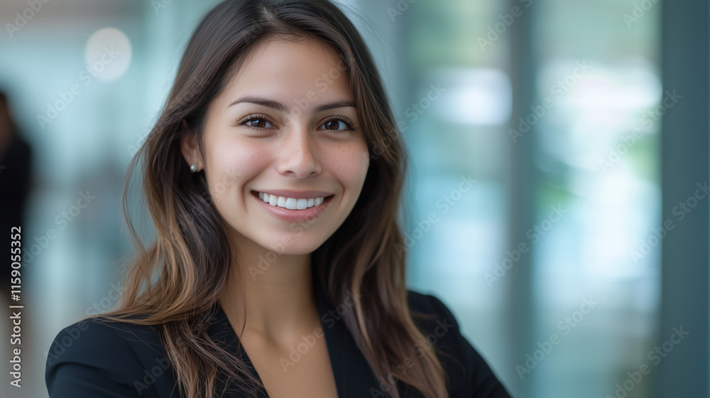 Fototapeta premium Headshot close up face portrait of young happy smiling Hispanic businesswoman, female company worker or corporate manager, confident business woman entrepreneur looking at camera at work in office