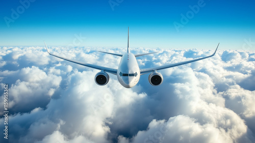 An airplane soaring above a thick layer of fluffy white clouds, with a clear blue sky above photo