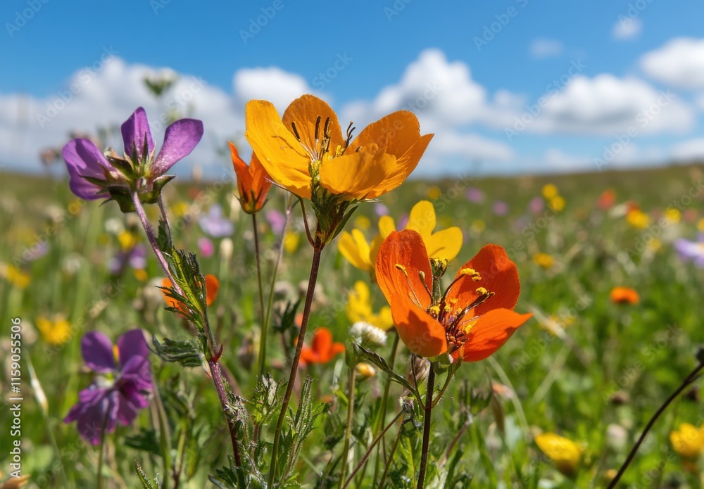 Colorful Wildflowers Blooming in a Sunny Meadow Under a Bright Blue Sky with Fluffy White Clouds in the Background, Creating a Picturesque Nature Scene Colorful Wildflowers Blooming in a Sunny Meadow Under a Bright Blue Sky with Fluffy White Clouds in the Background, Creating a Picturesque Nature Scene